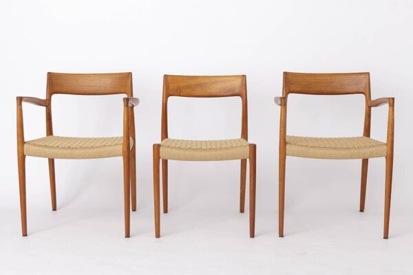 Ensemble de 6 chaises de salle à manger Niels Møller – Modèles 77 et 57, teck, corde danoise