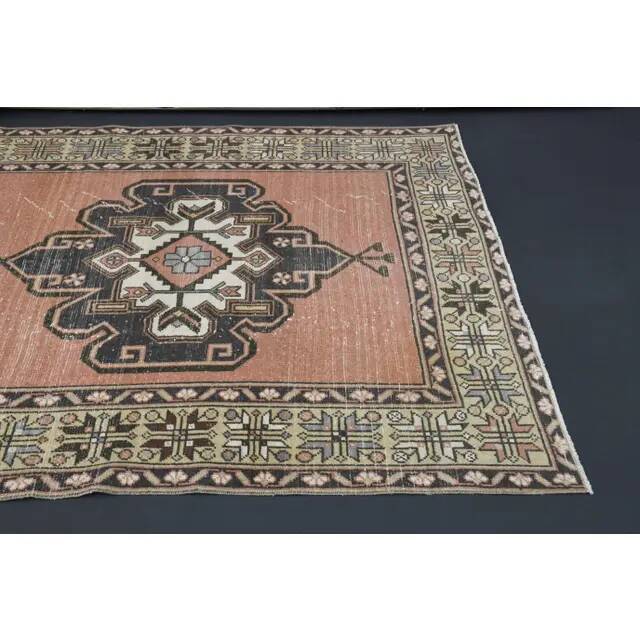 Vintage Turkish Oushak handmade wool cotton brown runner rug 143x347