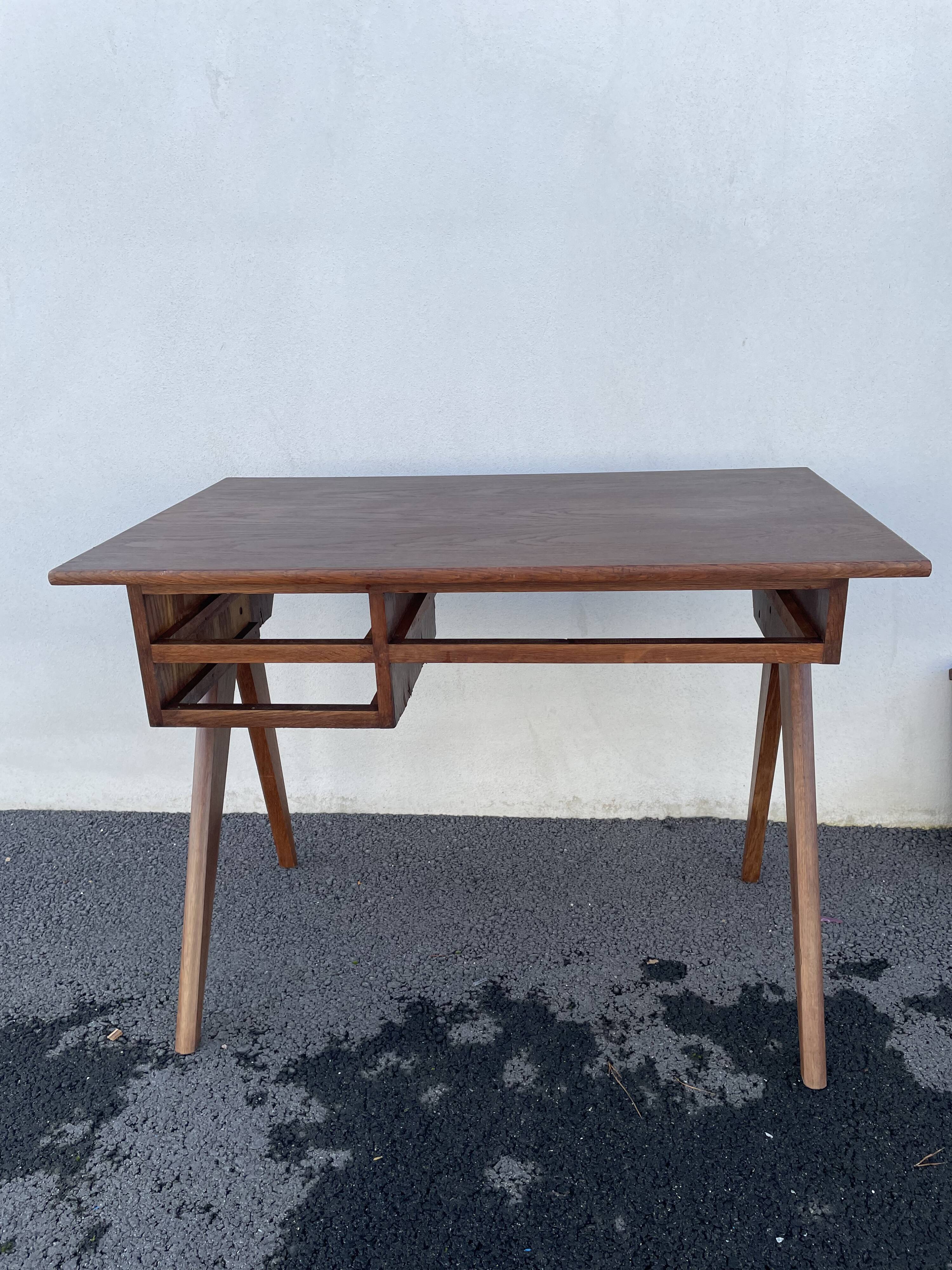 Modernist wooden desk with compass feet 1950