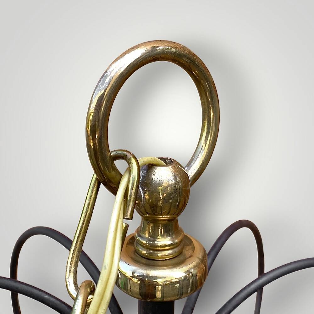 Massive vintage pendant light – brass, black metal and striped glass – 1950s