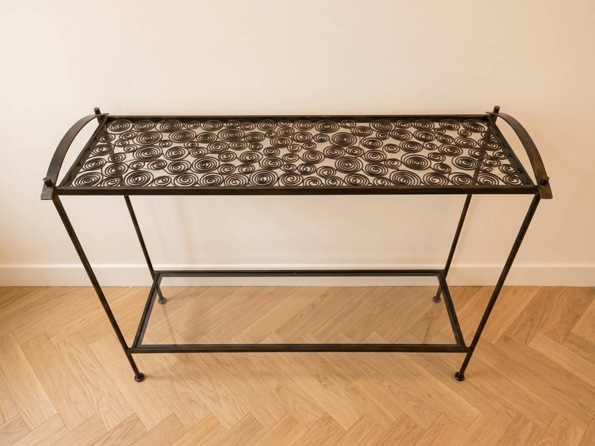 Wrought iron industrial console and glass tops