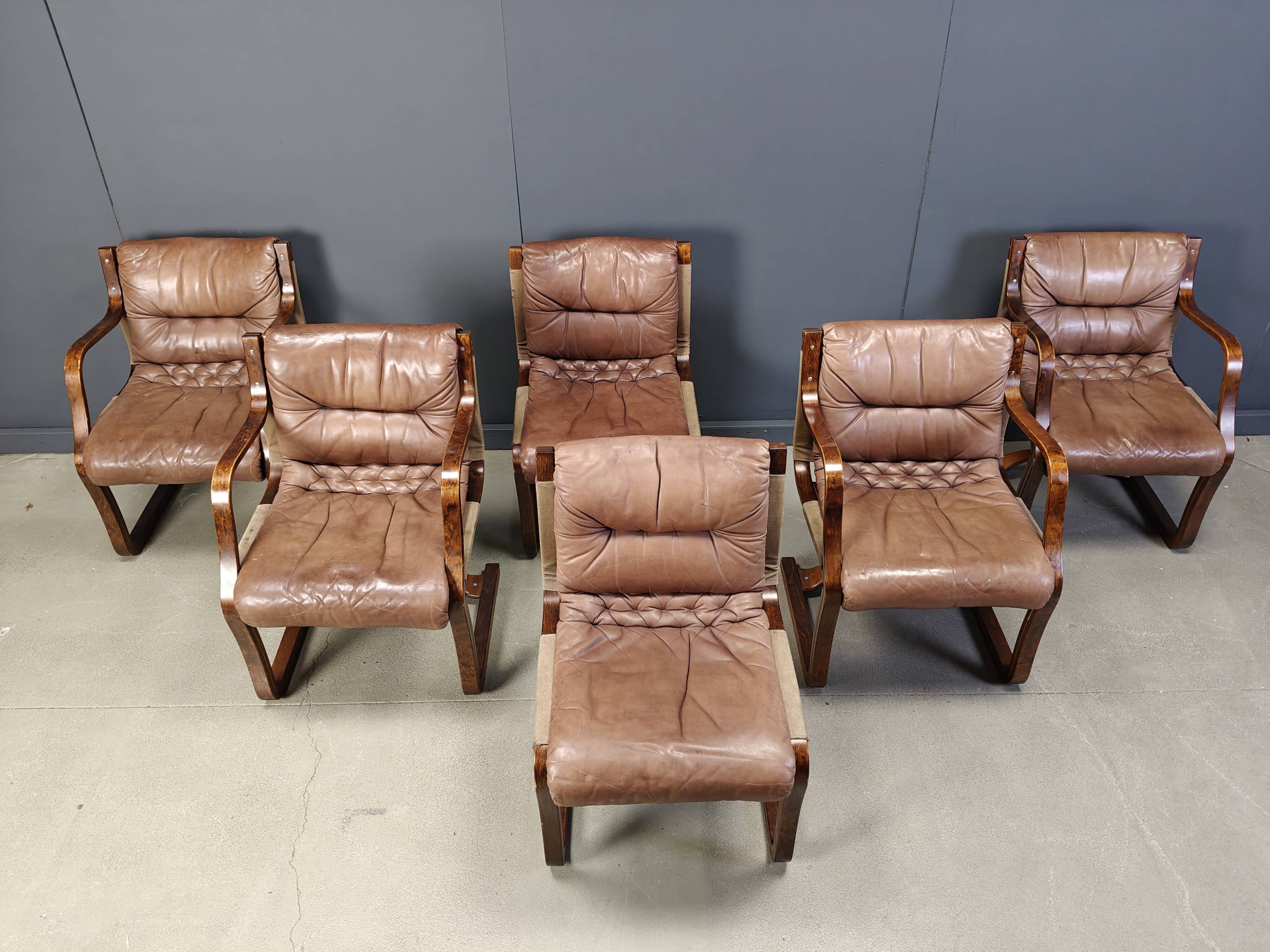 Vintage Asko Pajamies Finland Leather Plywood chairs, set of 6 - 1970s