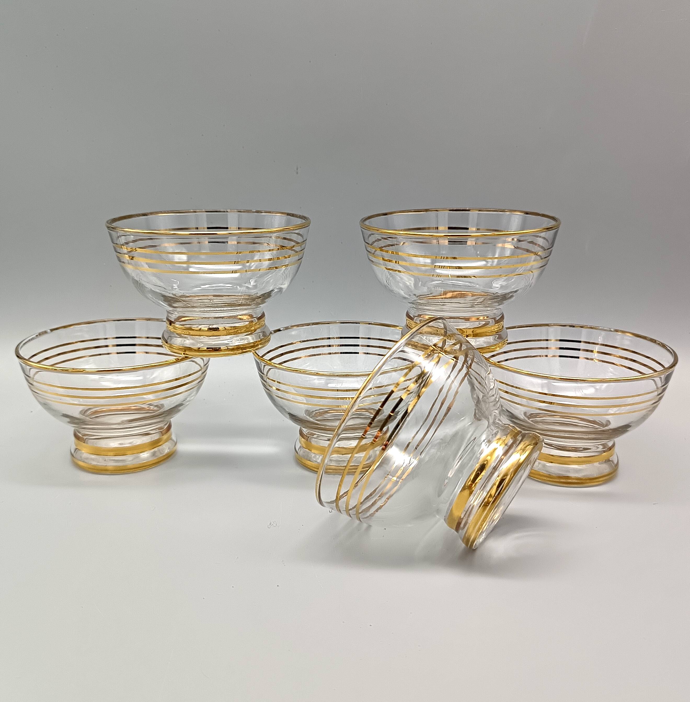 6 champagne coupes, vintage dessert cups from the 50s with gold trim
