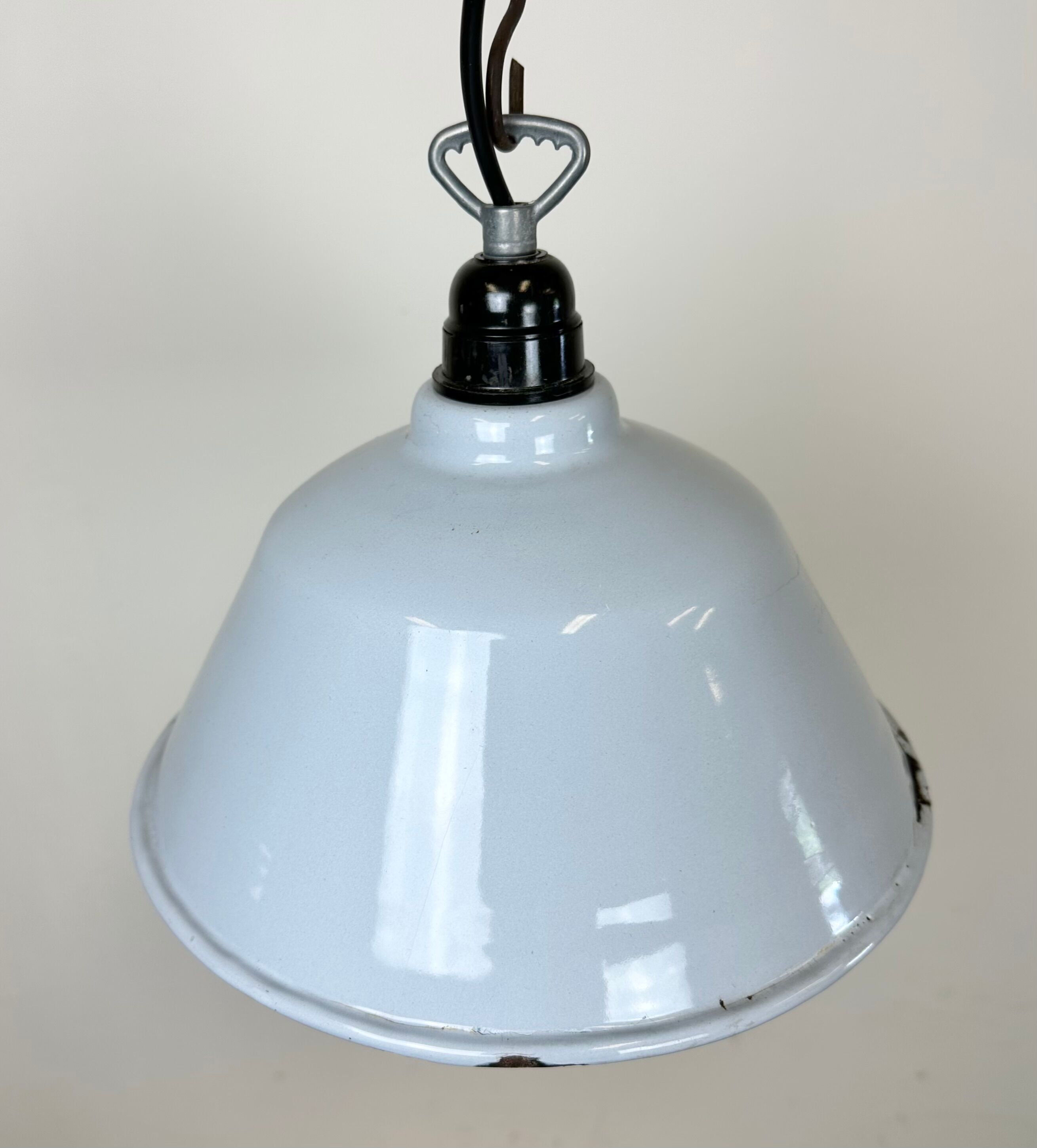 Industrial French Grey Enamel Factory Pendant Lamp, 1960s
