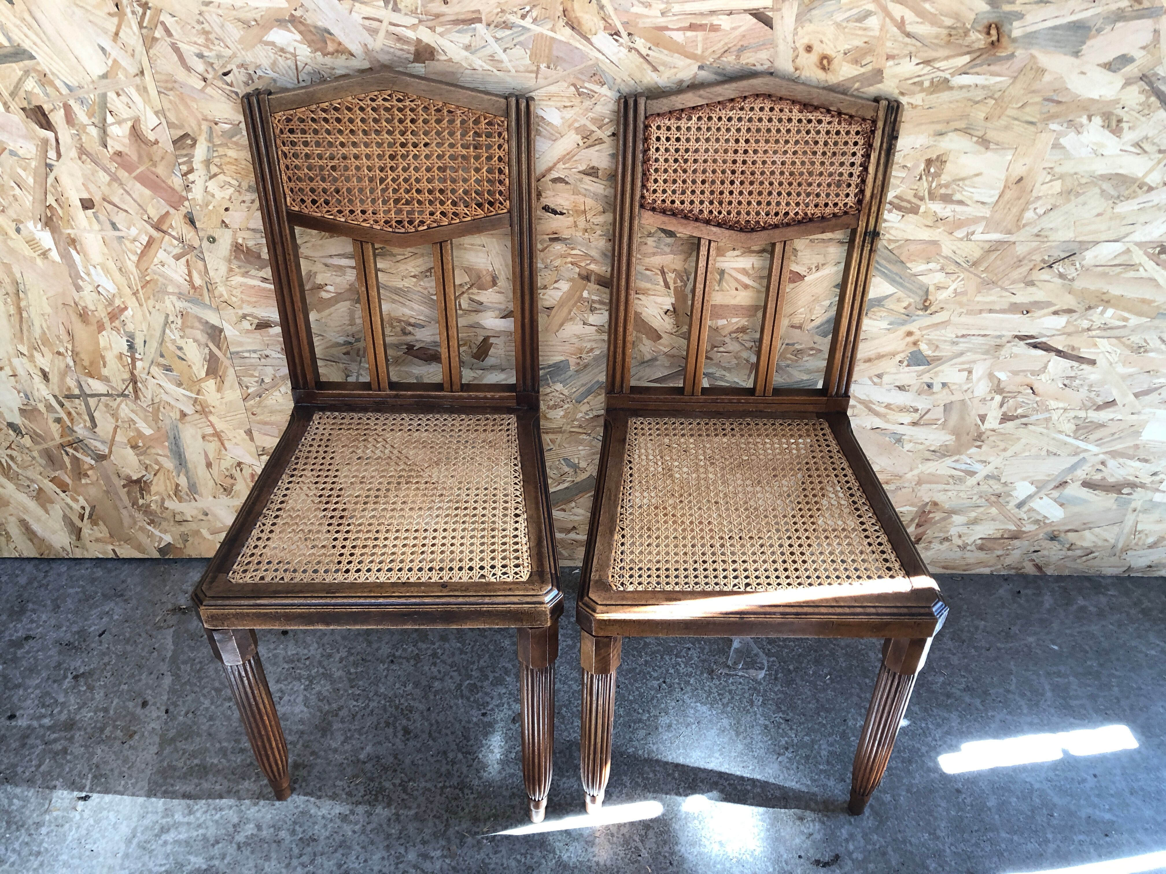 Pair old chair style louis xvi wood + seat & back cannée vintage