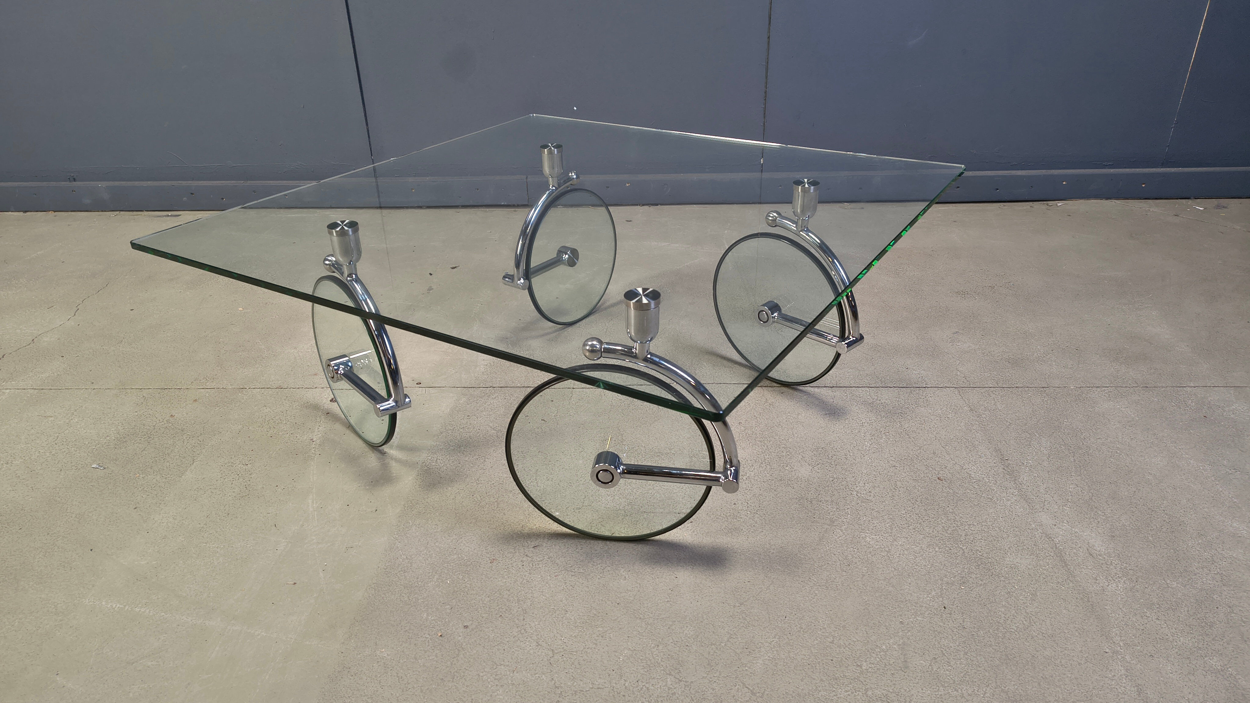 Glass coffee table with wheels, 1980s