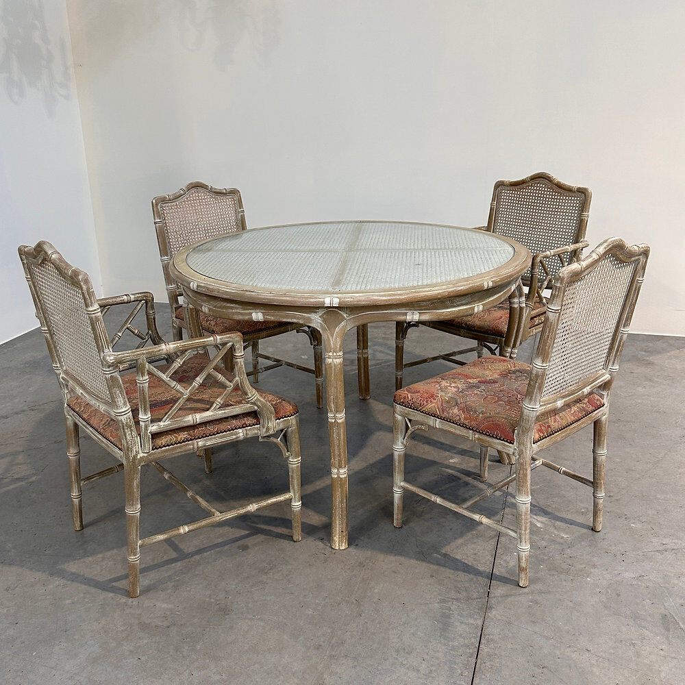 Vintage faux bamboo dining set with original fabric, 1980s