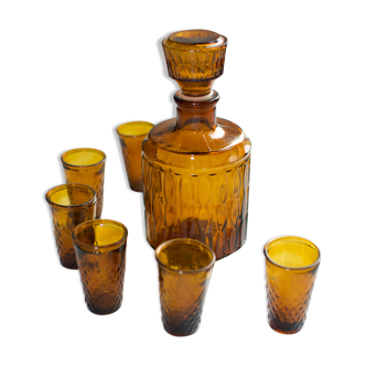 Ensemble carafe et verres à liqueur ambré