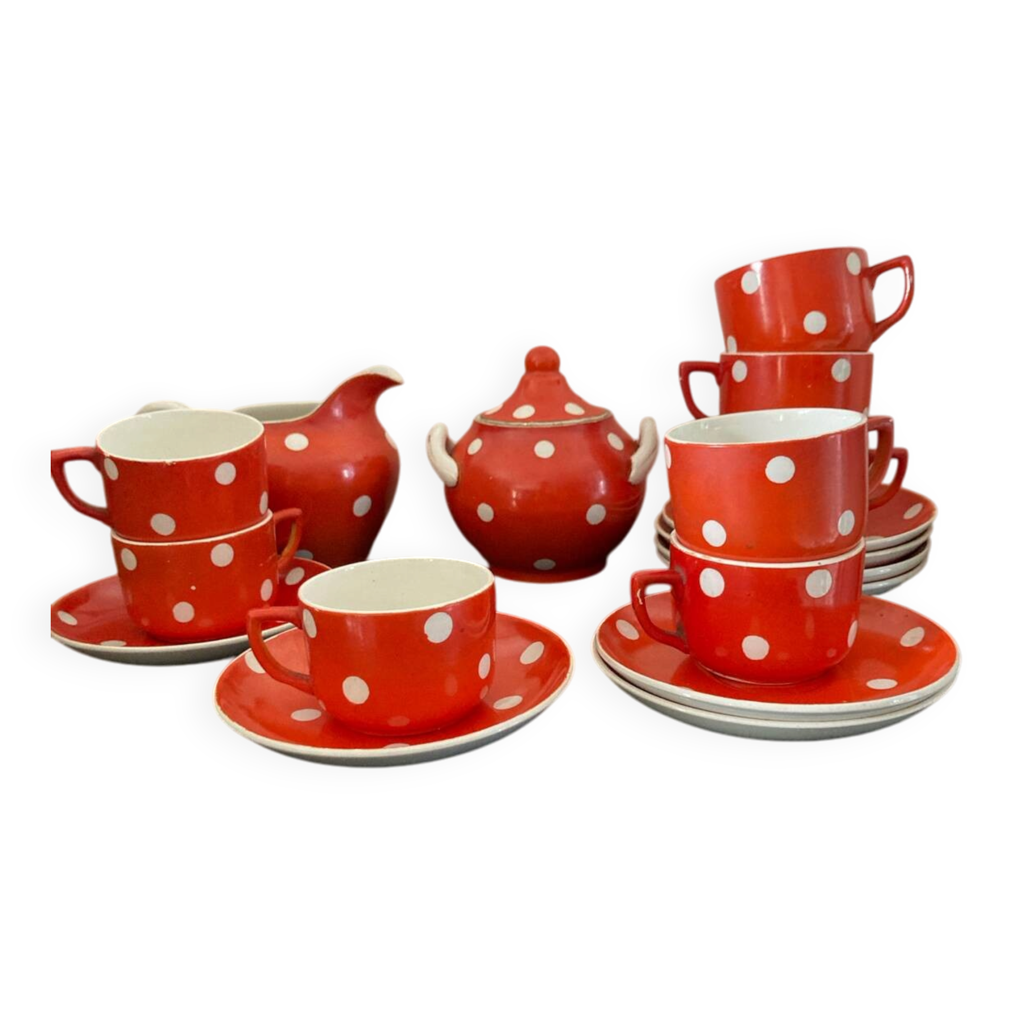 Coffee service, orange earthenware cups from Digoin Sarreguemines.