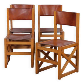 Set of 4 vintage chairs in solid wood and leather, 1980