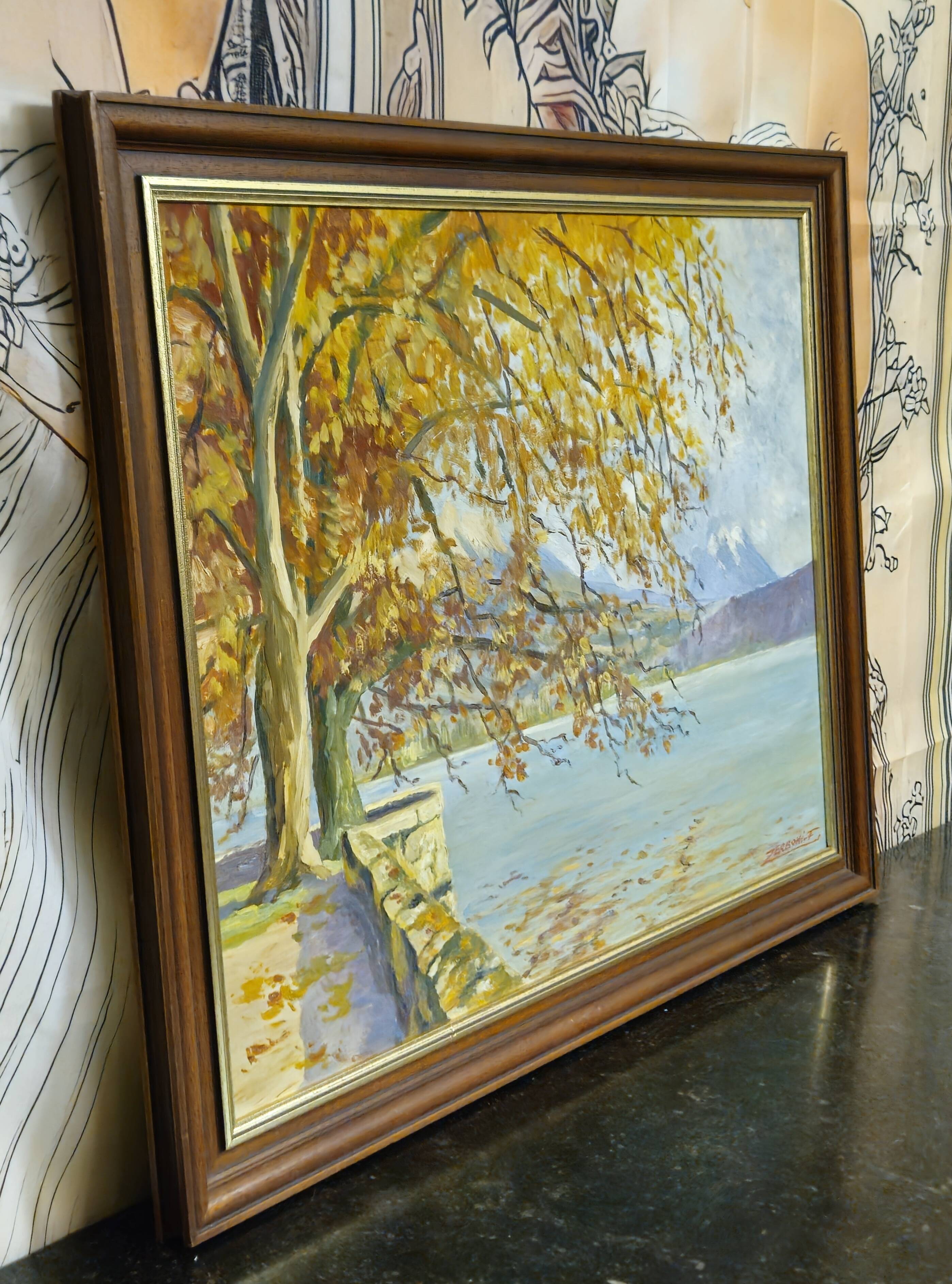 F. Zerboni – Animated Lakeside Landscape – Oil on Panel – Mid 20th Century