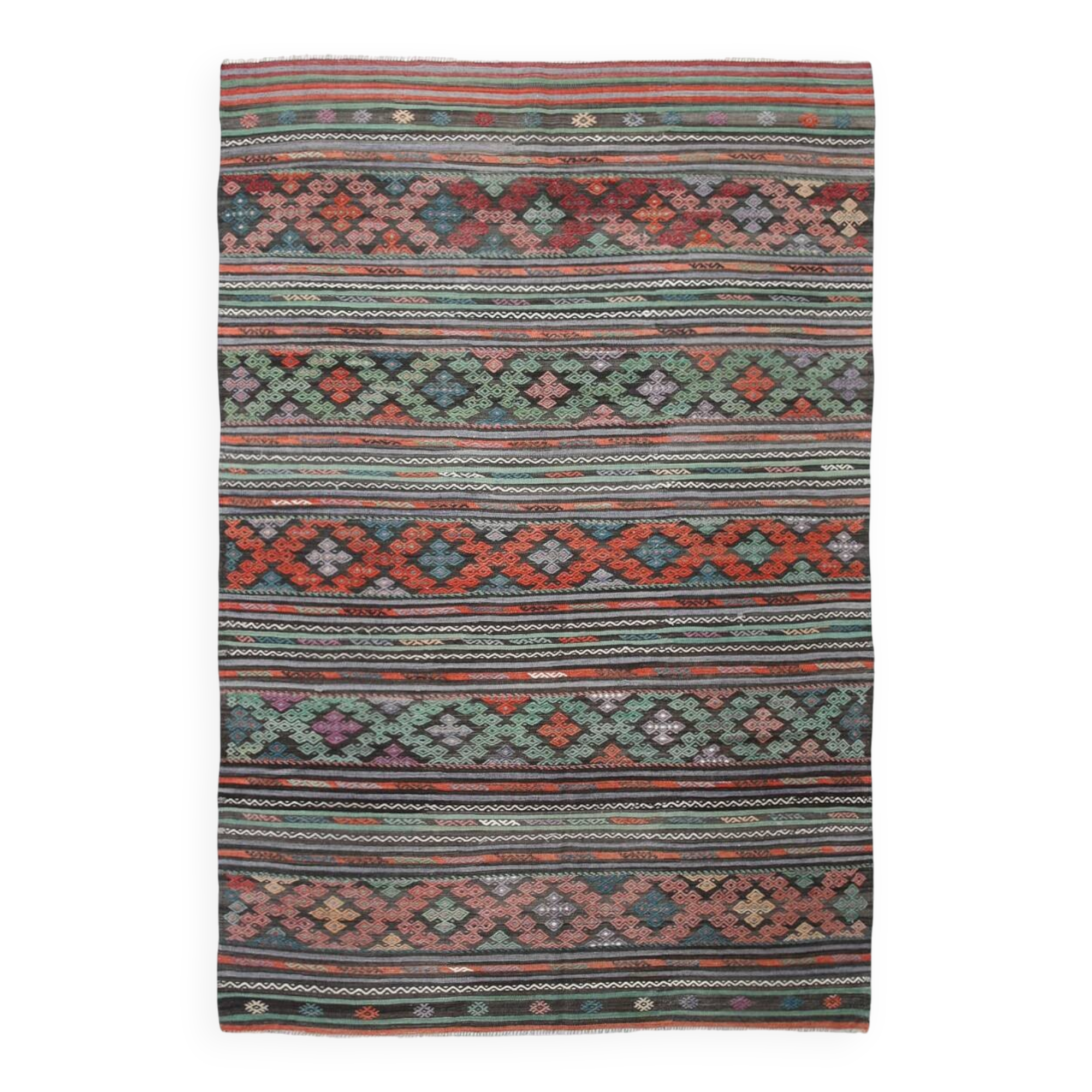 6x9 Blue & Green Striped Kilim Rug, 180x271Cm