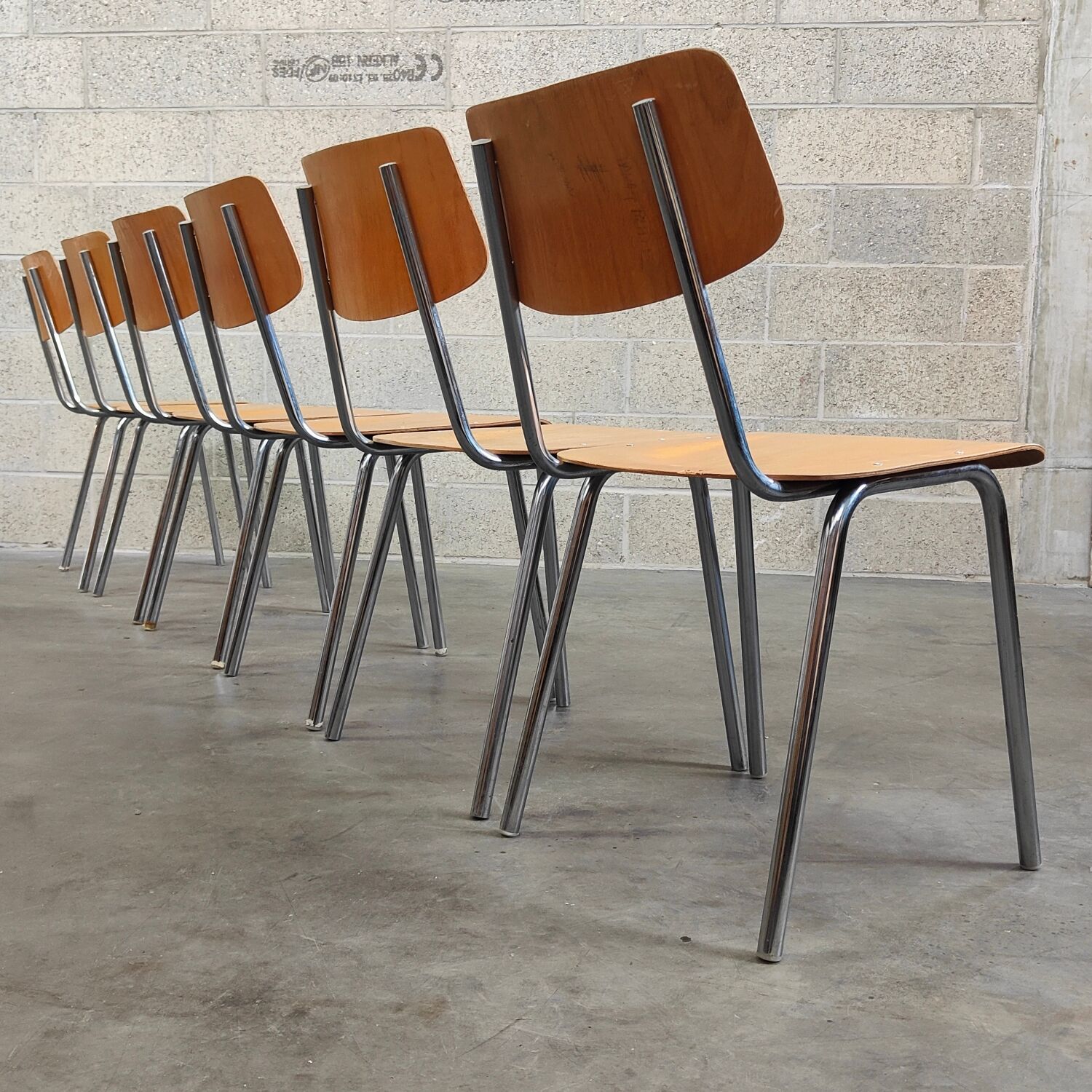 Set of 6 Czech chairs "Kovonac" school type, chrome and wood 1960