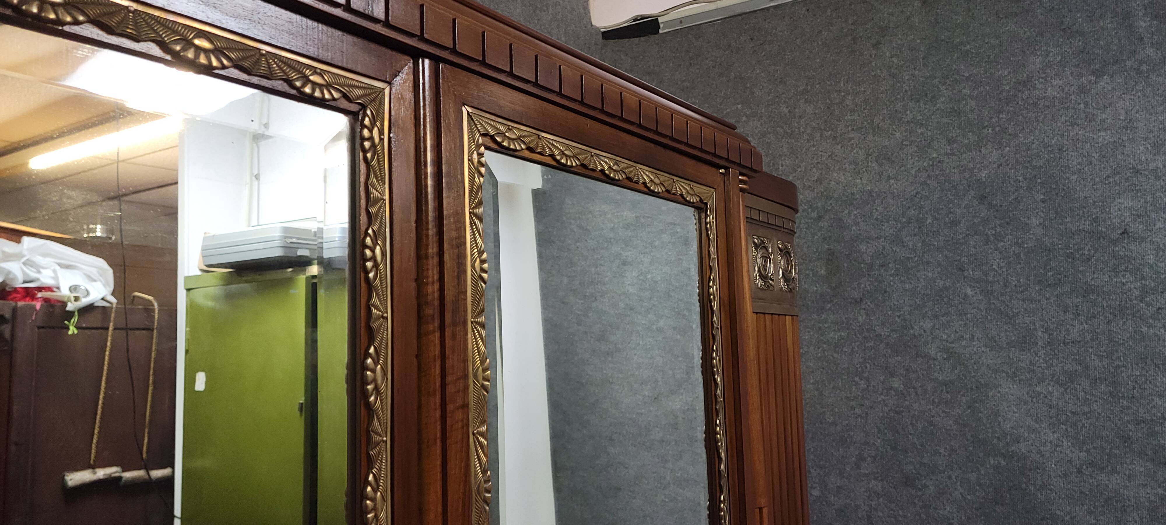 Large Art Deco bookcase wardrobe in mahogany and bronze.