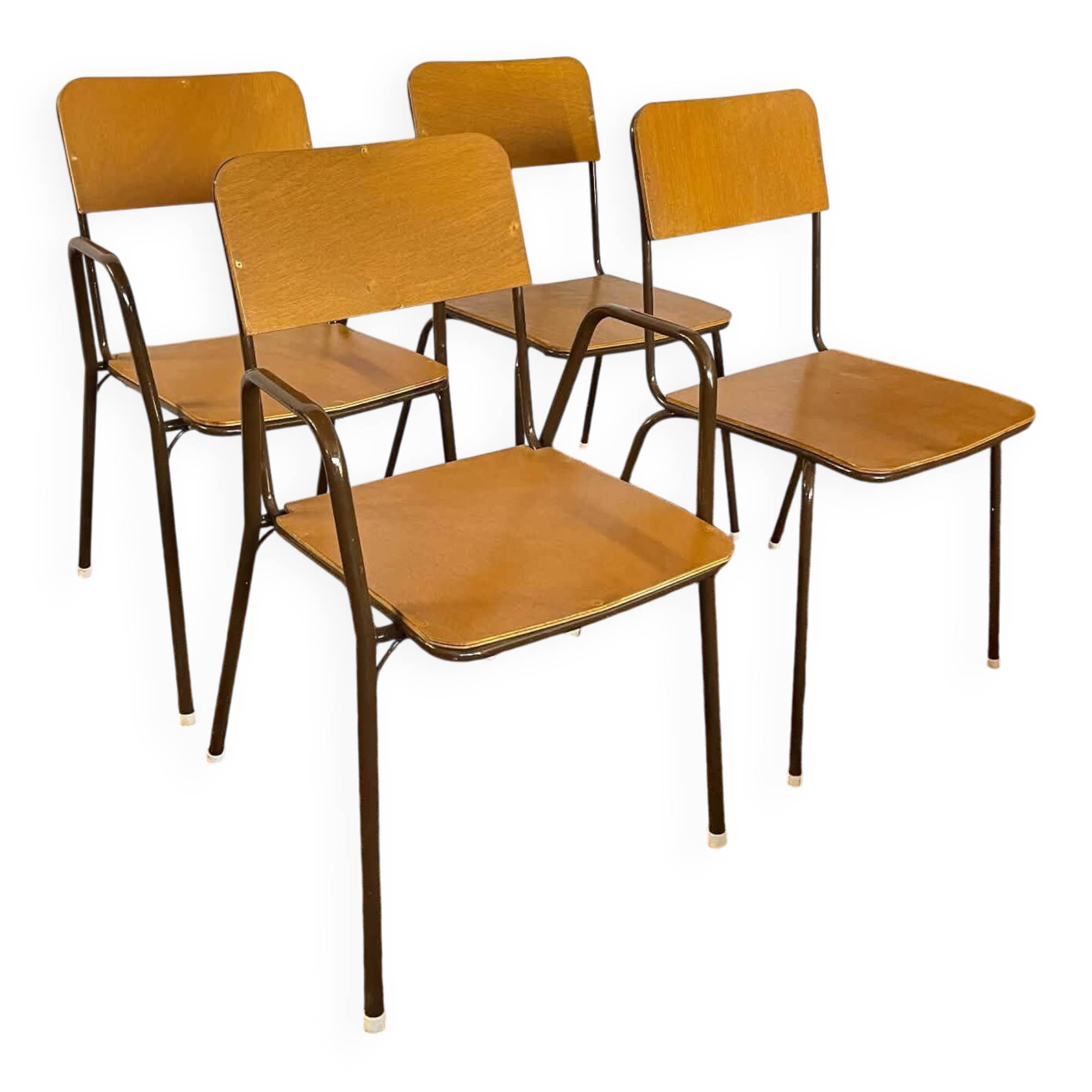 Set of 2 vintage school chairs and 2 armchairs.