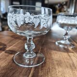 Set of 6 vintage glass champagne glasses with grape cluster filigree