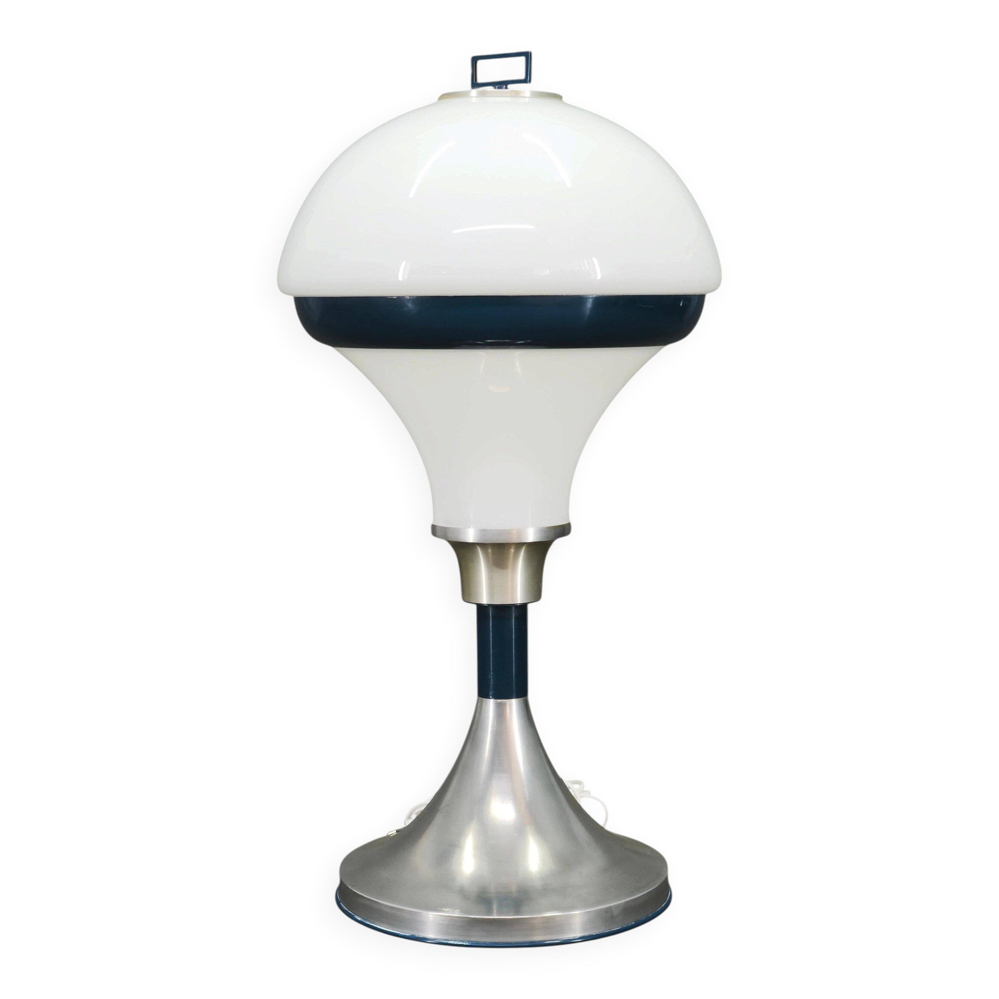 1970s Italian Space Age Opaline Glass and Blue Metal Table Lamp