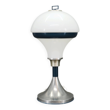 Lampe de table en verre opalin et métal bleu de l'ère spatiale italienne des années 1970