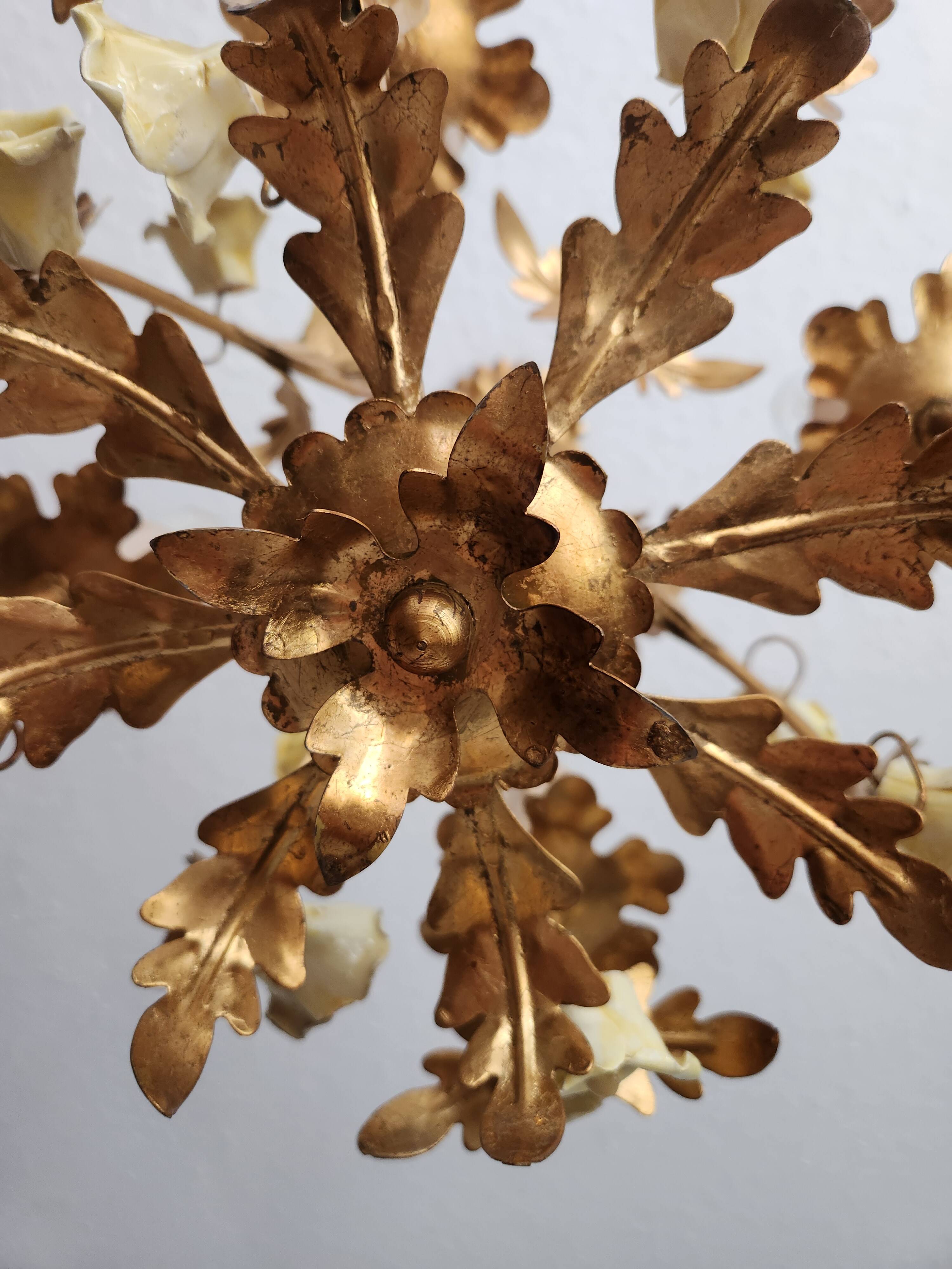 Vintage gilded hand-forged Florentine ceiling light with porcelain roses.