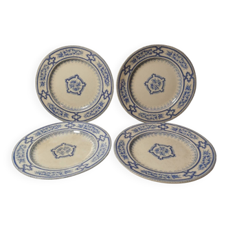 Lot de 4 Assiettes Plates Terre de Fer 17 Rue Drouot Beaux Motifs Géométriques Bleues