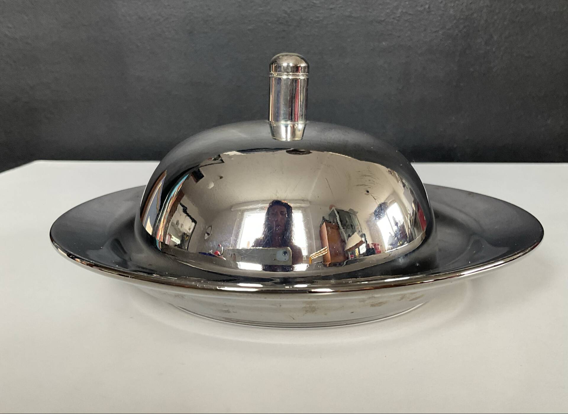 Vintage stainless steel and ceramic bell butter dish