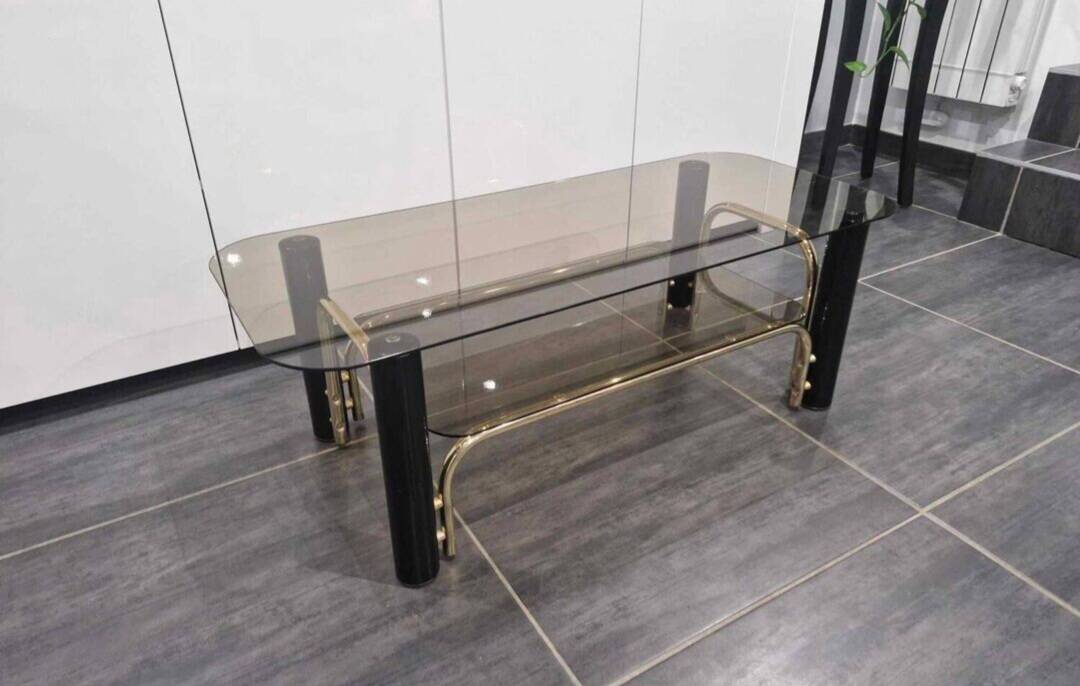 Vintage coffee table in gold metal and smoked glass, 1970s