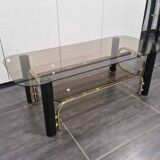 Vintage coffee table in gold metal and smoked glass, 1970s