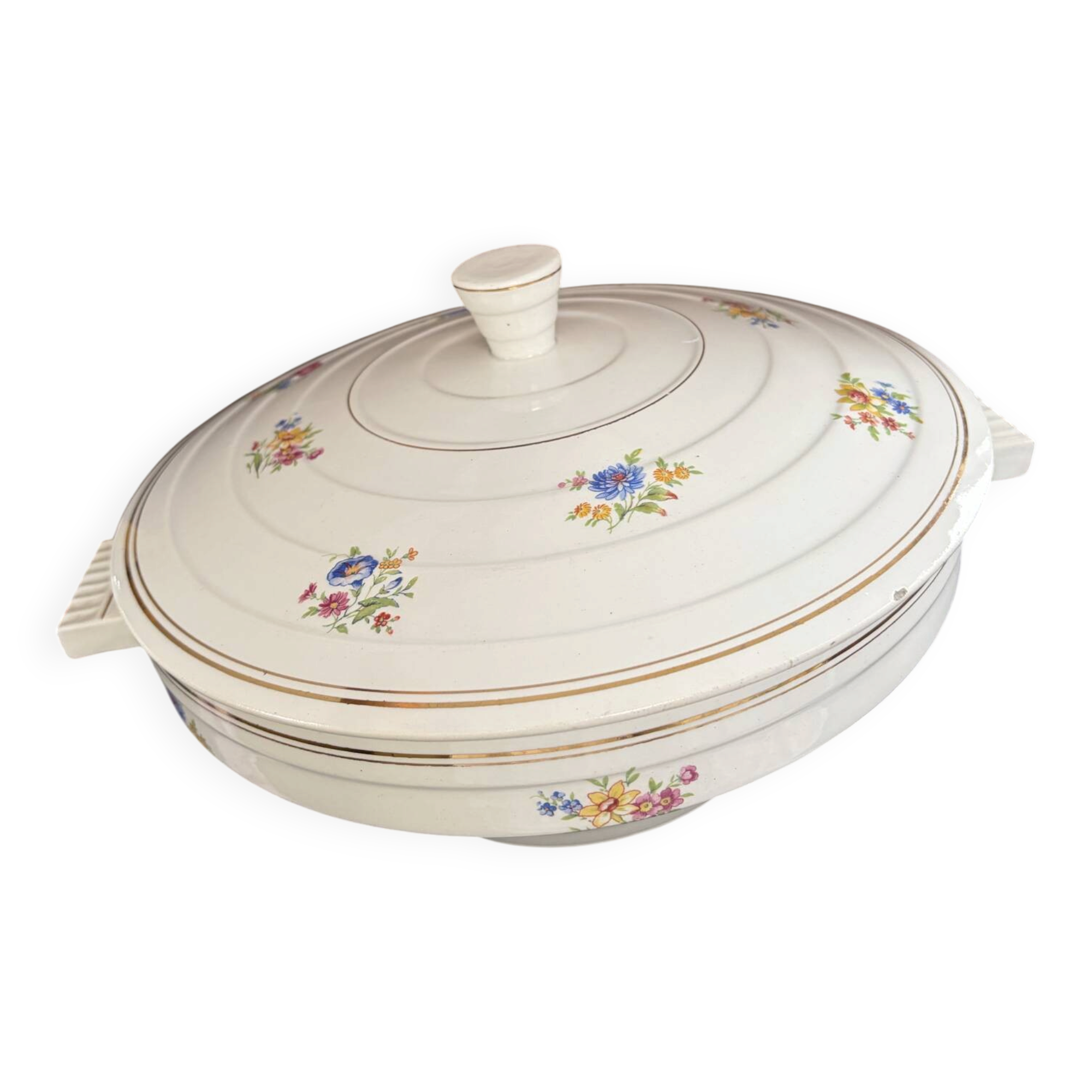 Vintage soup tureen with Art Deco flowers, opaque porcelain, Versailles.