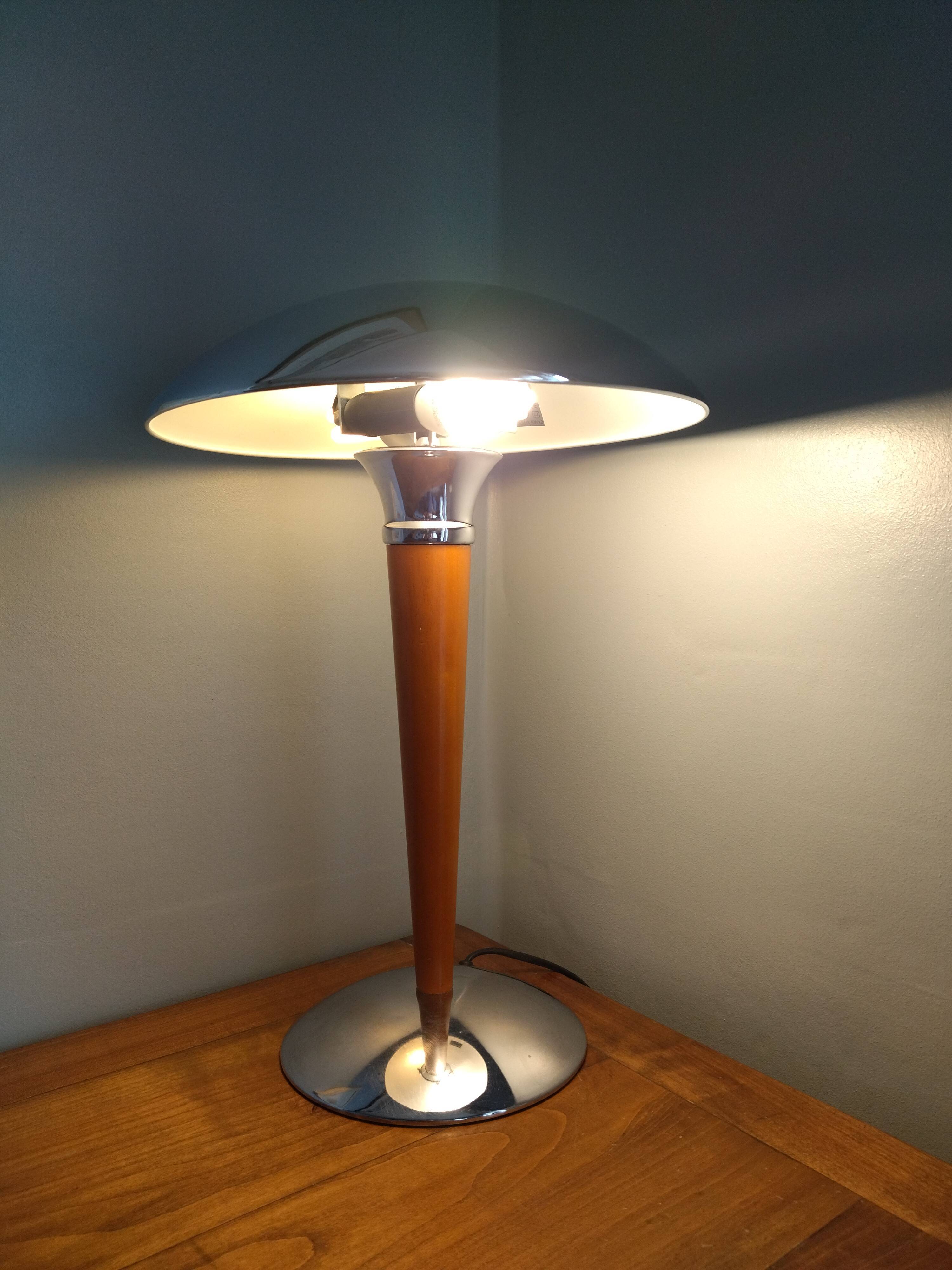 Mushroom lamp/ocean liner in chromed metal and vintage wood