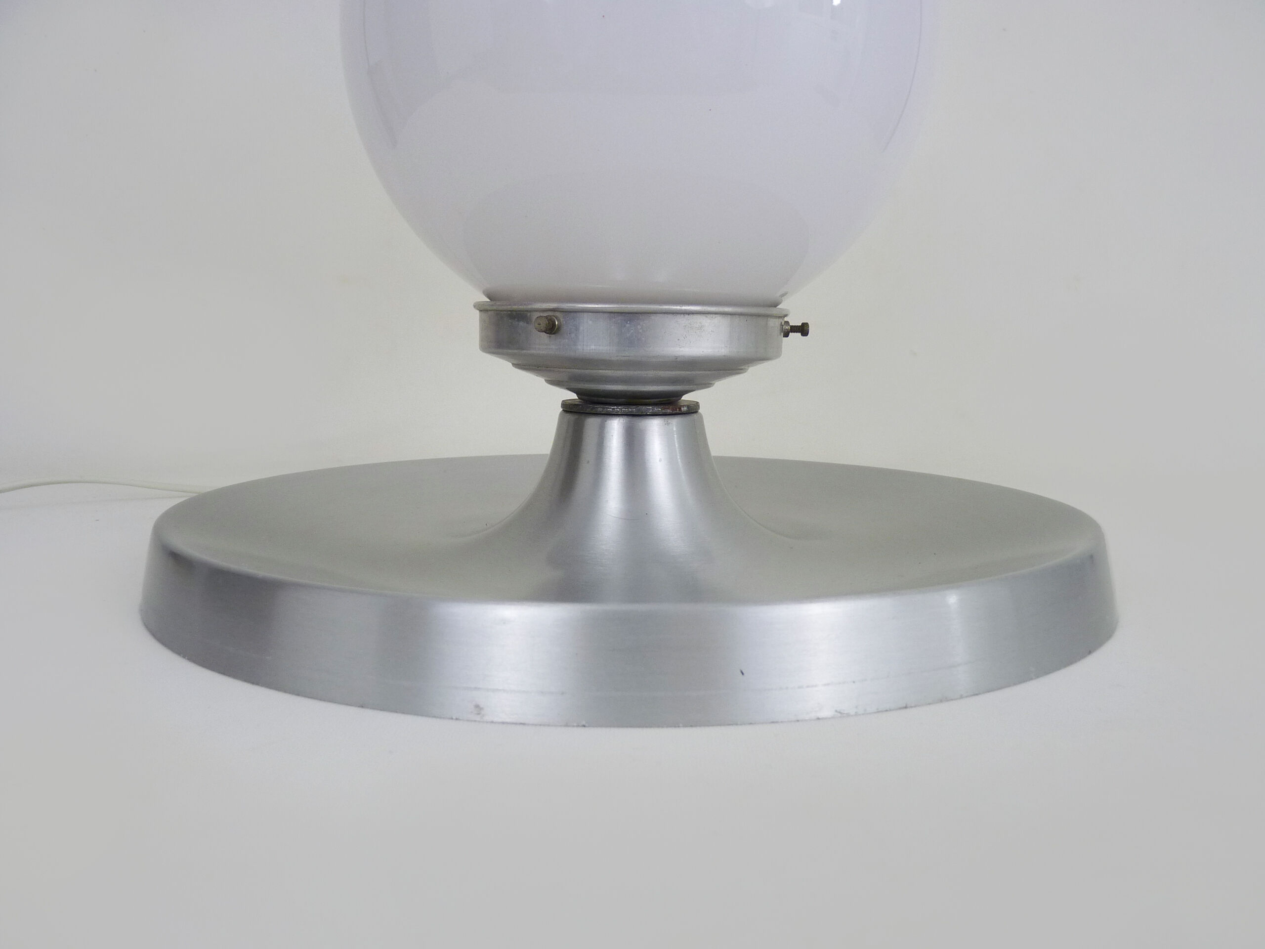 Brushed metal bedside lamp and white opaline globe, year 70