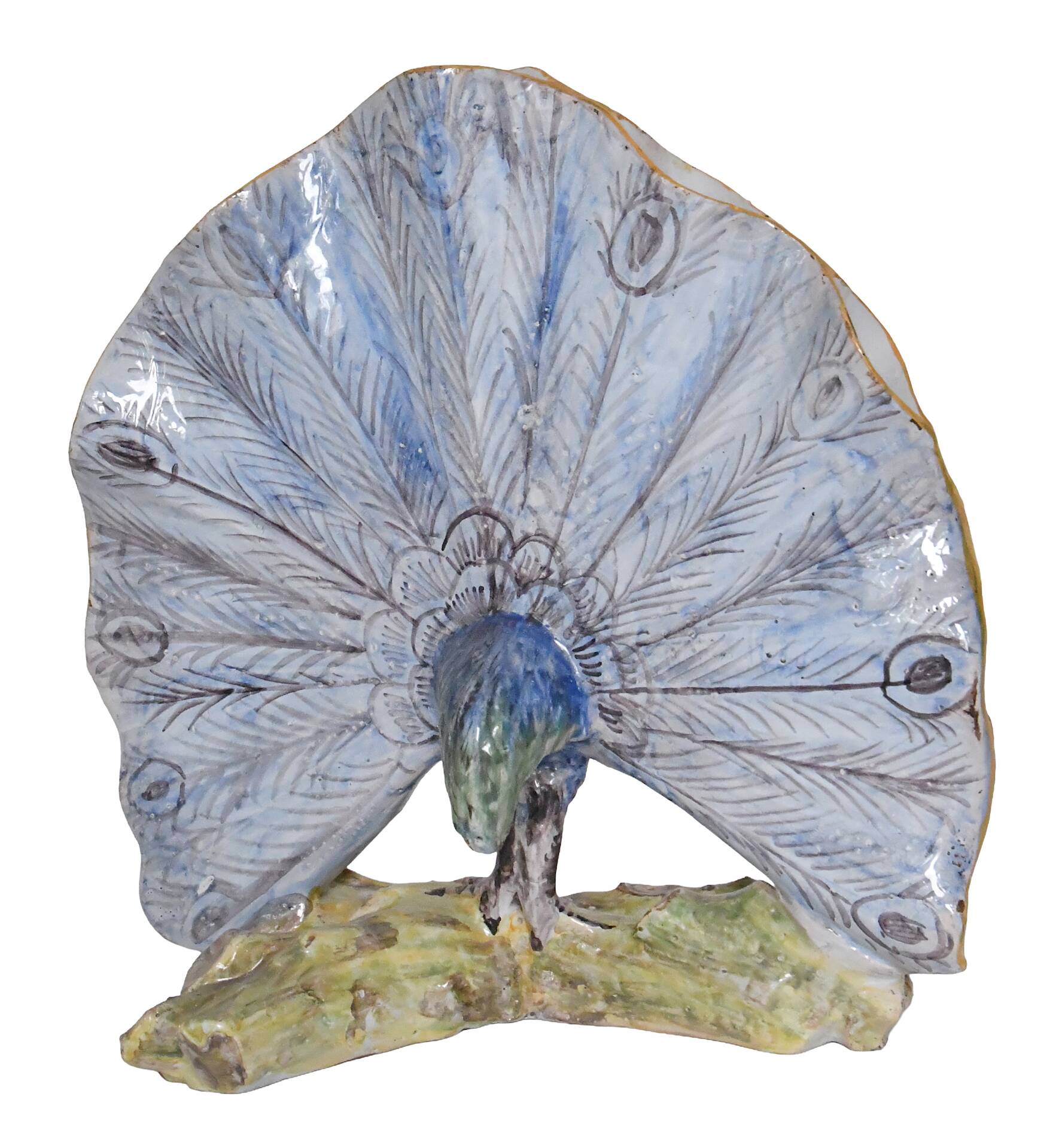 Faience bouquet holder from Desvres in the shape of a peacock.