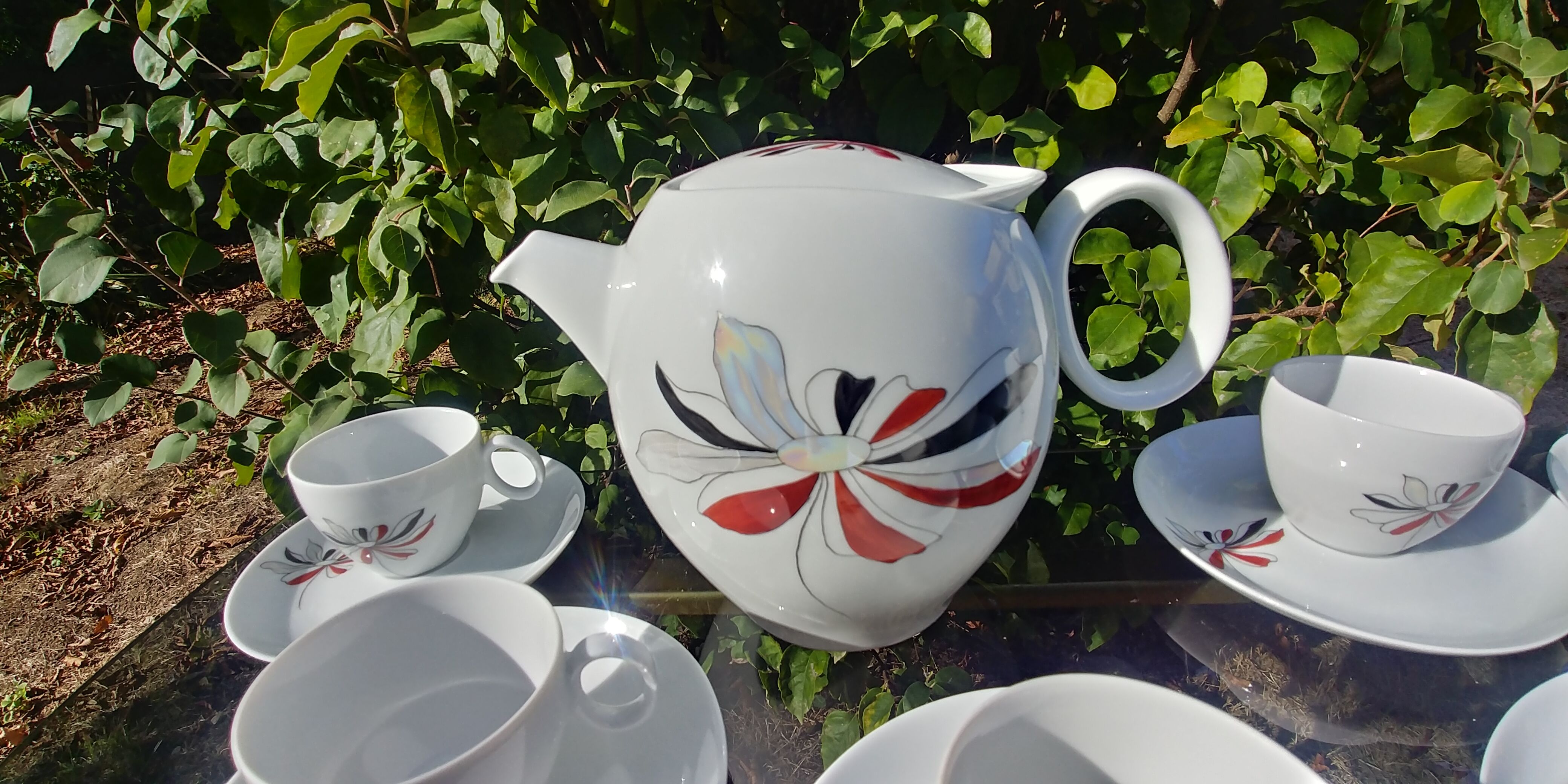 Coffee porcelain service -old signed Roussel J. decoration daisy