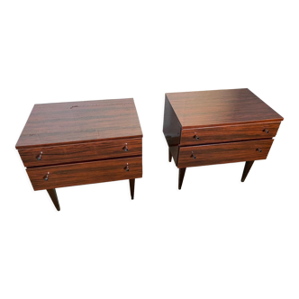 Pair of varnished bedside tables in vintage rosewood veneer 1950