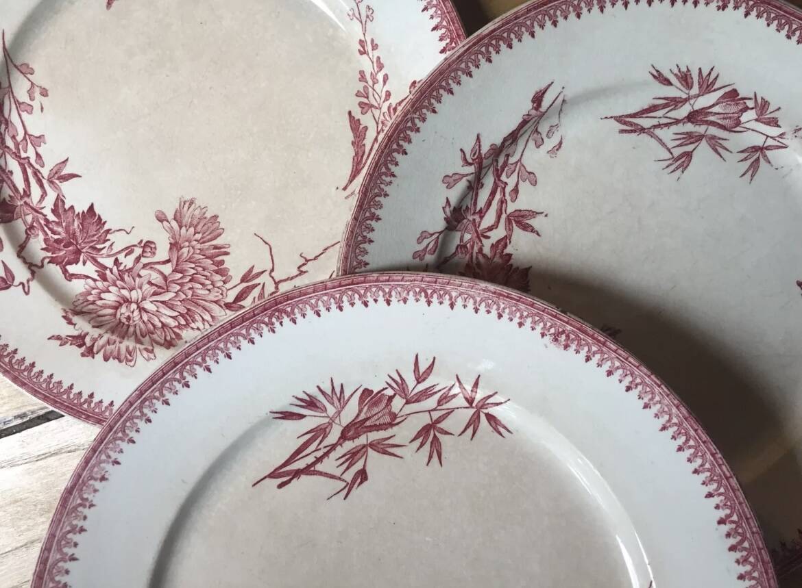 Assiette FF Pexonne Terre de Fer décor rose oiseaux XIX