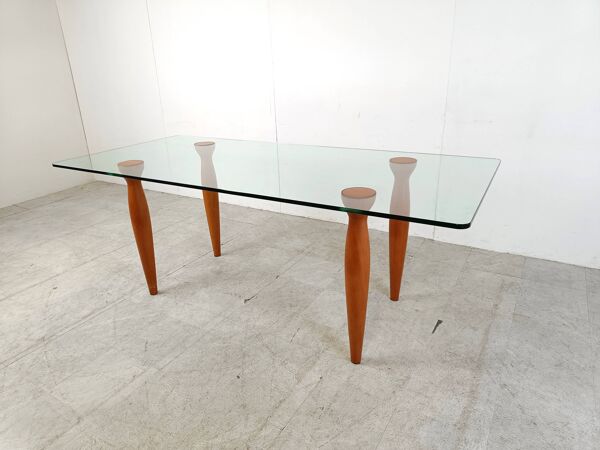 Table à manger vintage italienne en verre et bois, 1990
