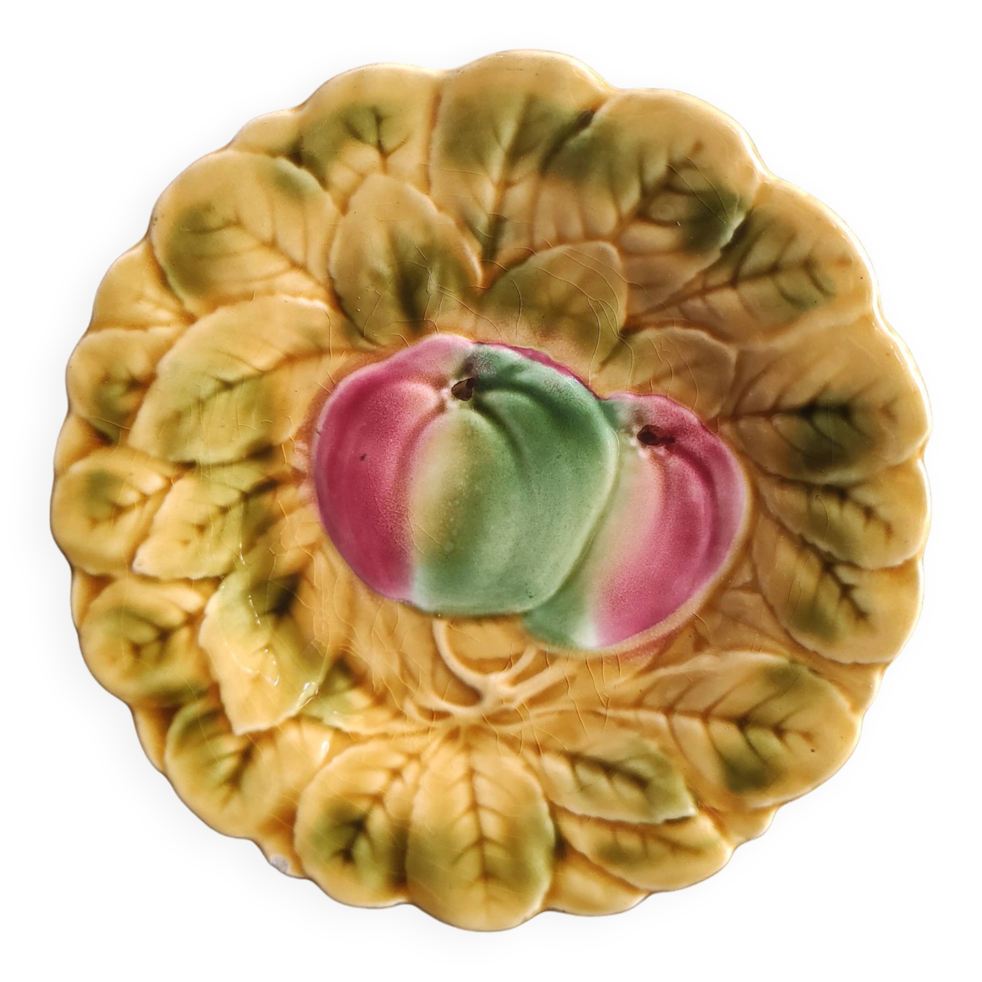 French vintage Majolica plate decorated with apples, in barbotine of Sarreguemines