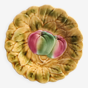 Assiette majolique vintage française à décor de pommes, en barbotine de Sarreguemines
