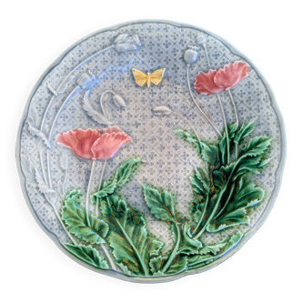 Decorative plate in Gien porcelain with butterfly and poppy motif
