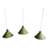 Set of 3 conical industrial pendant lights in green enameled sheet metal