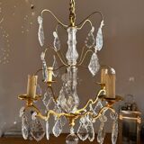 Chandelier set & 4 wall sconces with pendants, Louis XV style, gilded metal