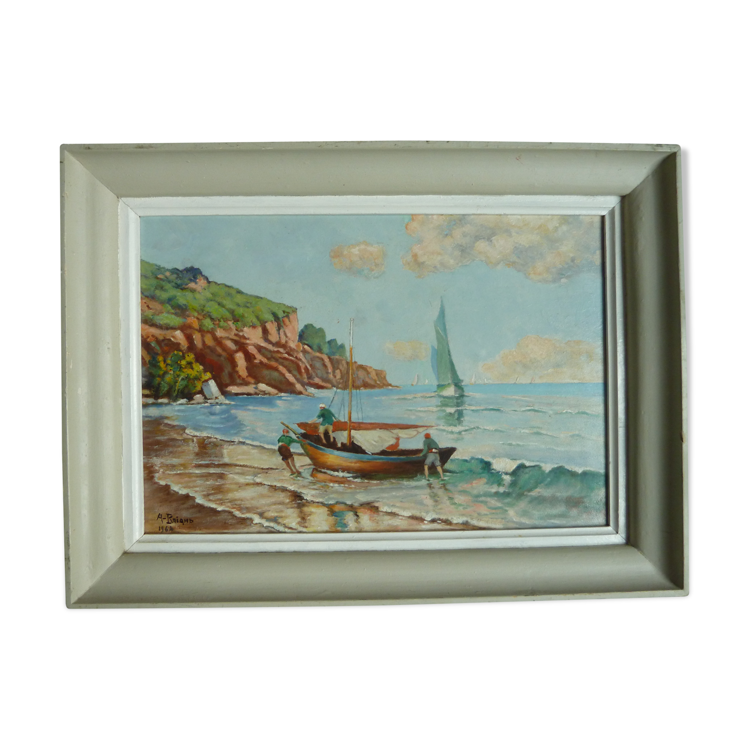 Marine oil painting berthing a sailboat