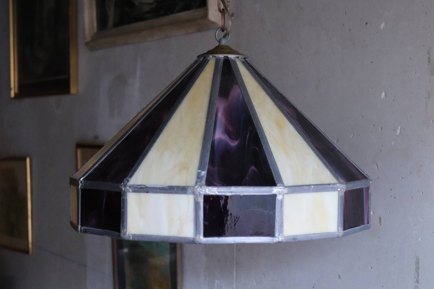 Large cream and purple tiffany style art deco pendant light