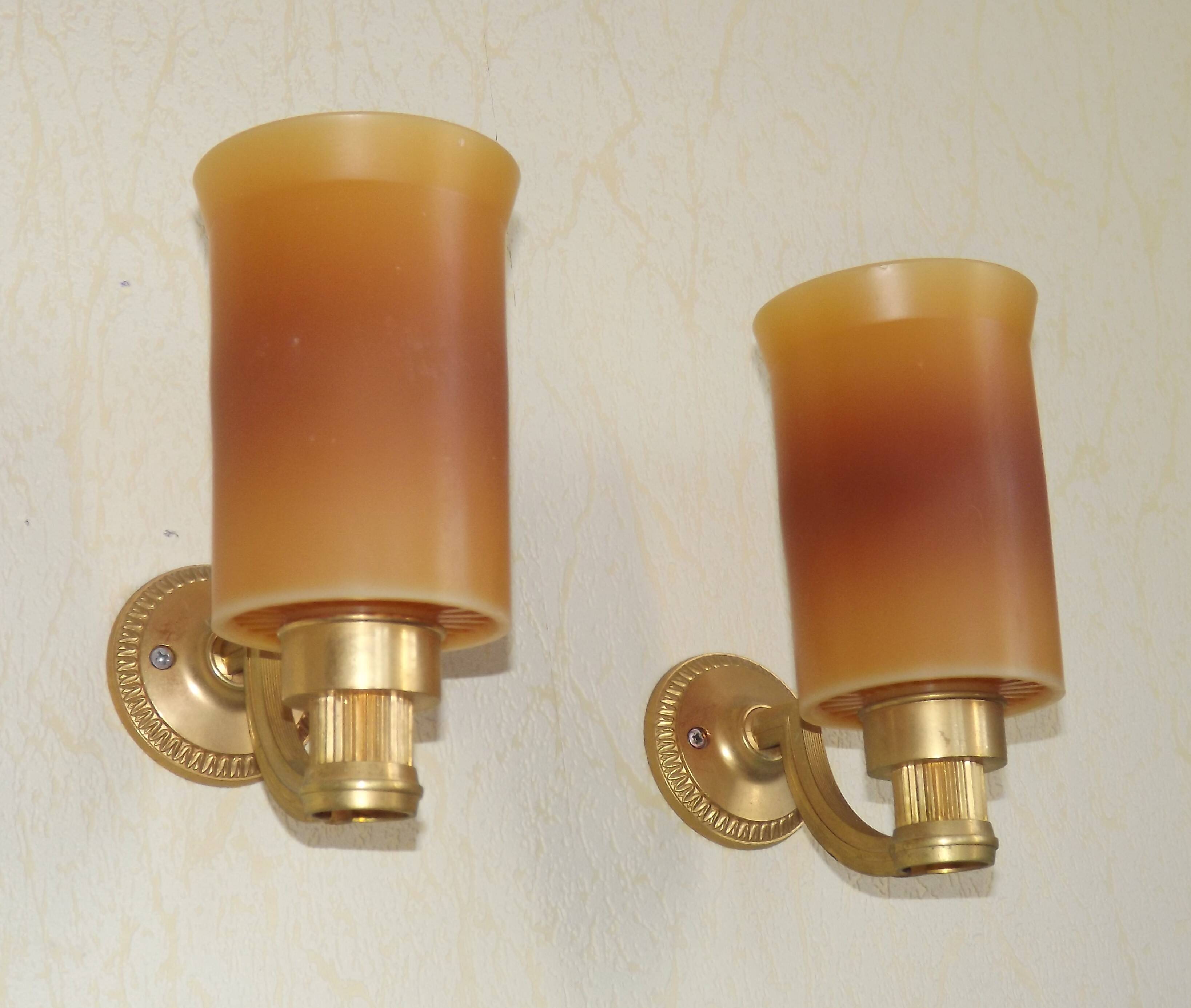 Pair French Vintage 1960s Retro Single Wall Lights Brass & Orange Acrylic