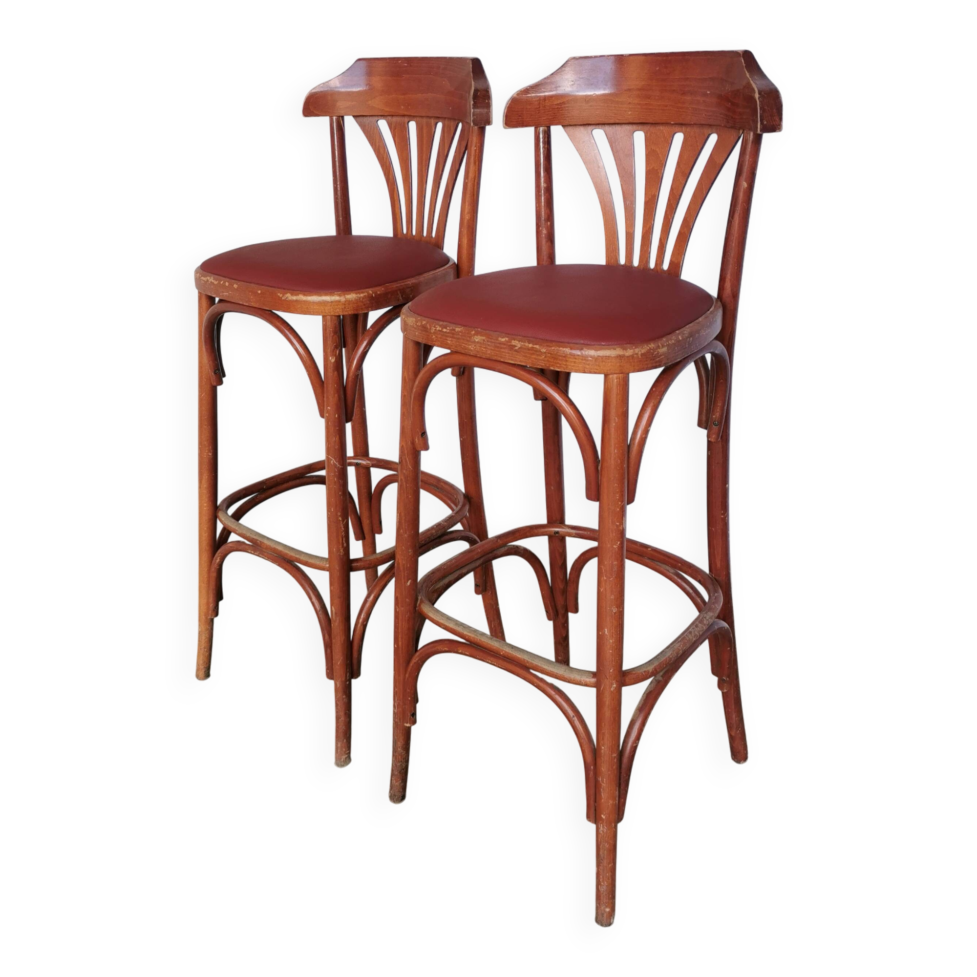 Mid-Century Thonet Style Bar Stools: Red Faux Leather Seat, Set of 2