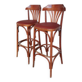 Mid-Century Thonet Style Bar Stools: Red Faux Leather Seat, Set of 2