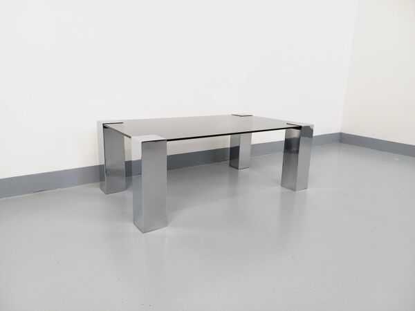 Table basse italienne vintage cidue en verre fumé et métal chromé des années 70