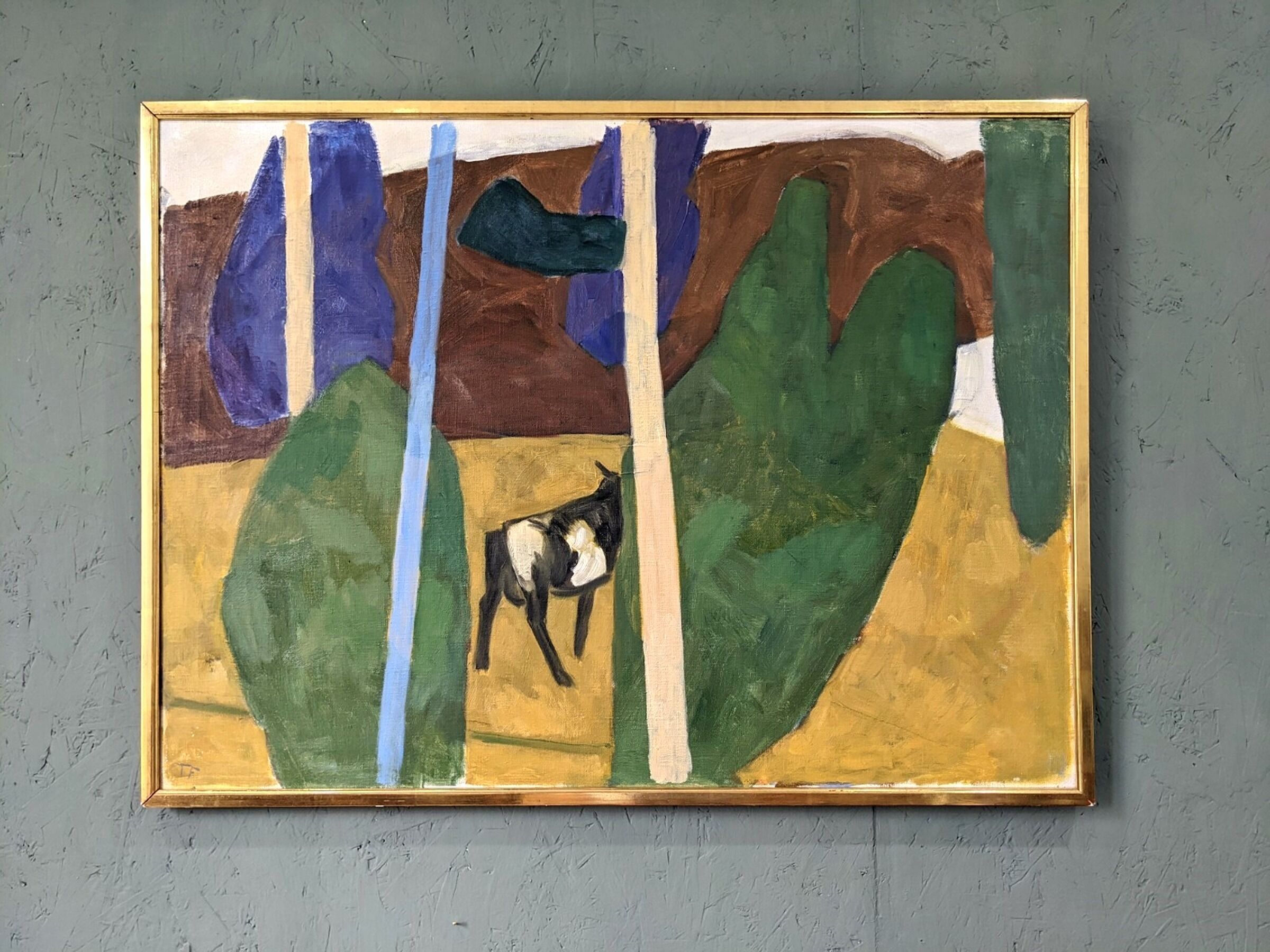 Mid-Century Modern "Modernist Cow" Swedish Vintage Landscape Oil Painting by Ture Fabianssonb