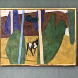 Mid-Century Modern "Modernist Cow" Swedish Vintage Landscape Oil Painting by Ture Fabianssonb