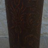 Art deco umbrella stand in boiled cardboard with copper and imitation leather strapping