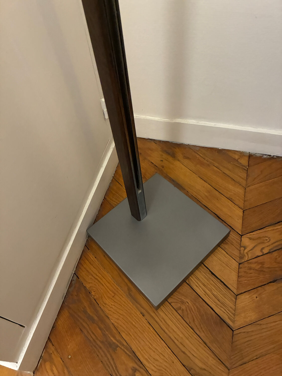 Cinna floor lamp in wood, chrome, and fabric.